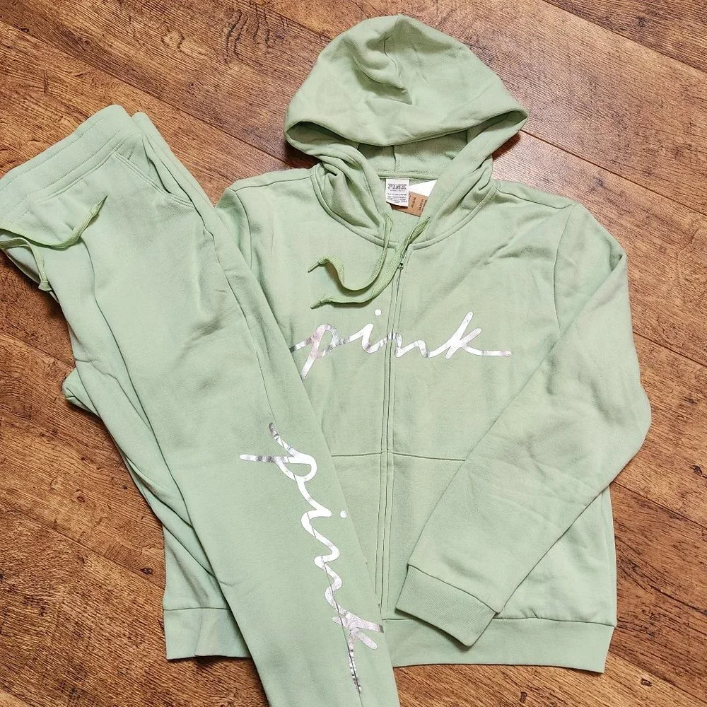 PINK VICTORIA'S SECRET Mint Green Silver Metallic Jogger Set - XXL - Picture 1 of 7